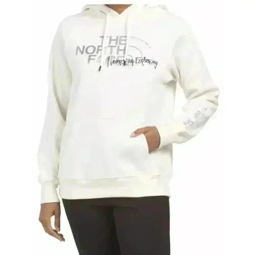 The North Face Women Hooded Graphic Sweatshirt Top Sz L White Silver Cotton